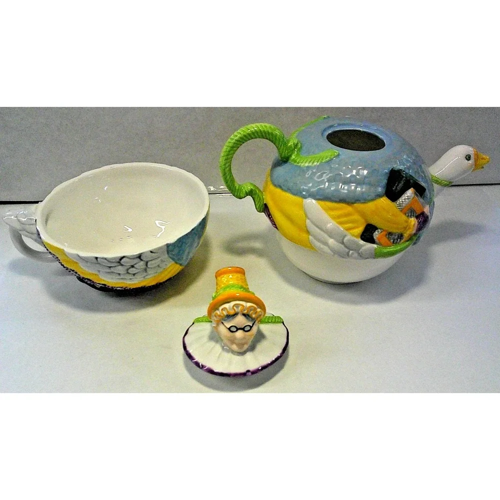 NEVER USED Vintage Dept 56 Mother Goose Story Book Ceramic Tea‎ Pot & Cup Set